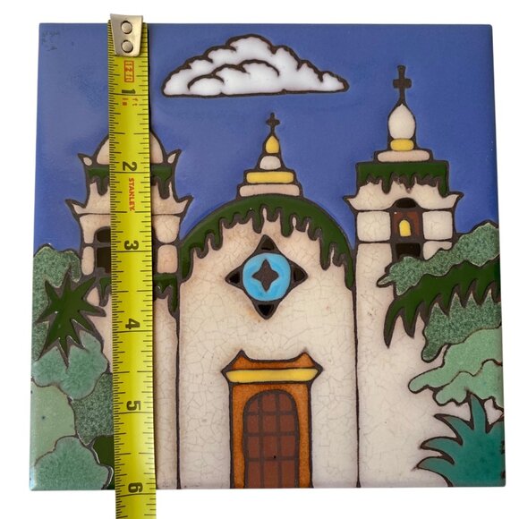 Carmel Mission Pacific Blue Tile Art Trivet Hand-Painted Ceramic USA Vintage 6" - Picture 3 of 5